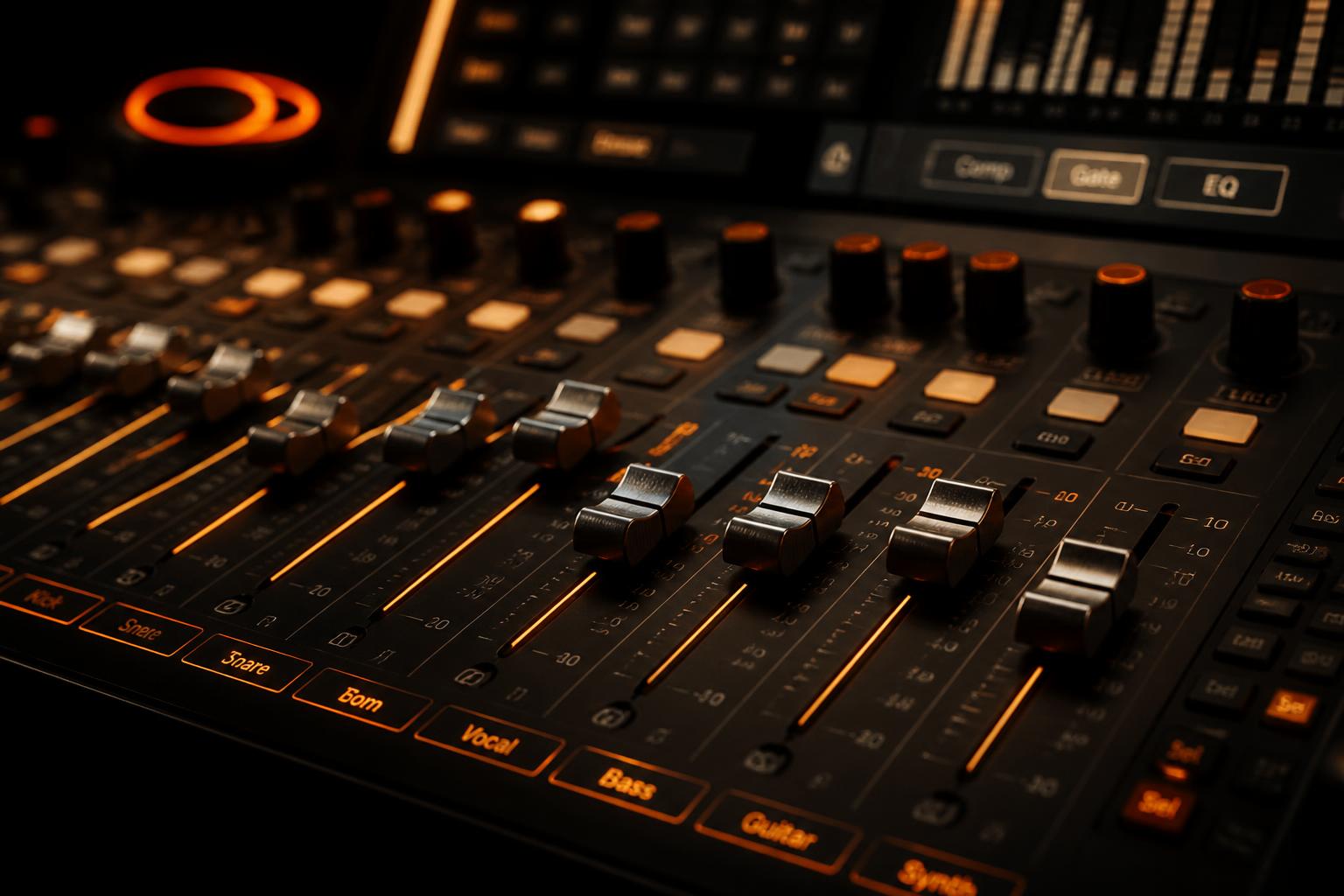 Mezcladora de estudio con faders iluminados en naranja
